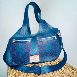 True Religion Denim Shoulder Bag with Pink Stitching